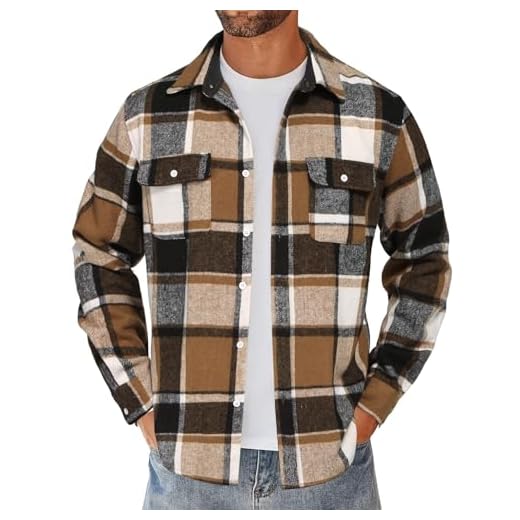 COOFANDY Men's Plaid Shirt Overshirt Jacket Long Sleeve Shirt Fall Clothing Overshirt Khaki