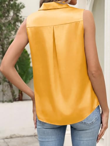 Image of Cicy Bell Womens Satin Sleeveless Button Down Shirts Work Blouse Silky Tops | V Neck, Collared Tank Tops, Professional, Office Clothes, Business Casual Outfits, Under Blazer Tops, Dress Down with Jeans