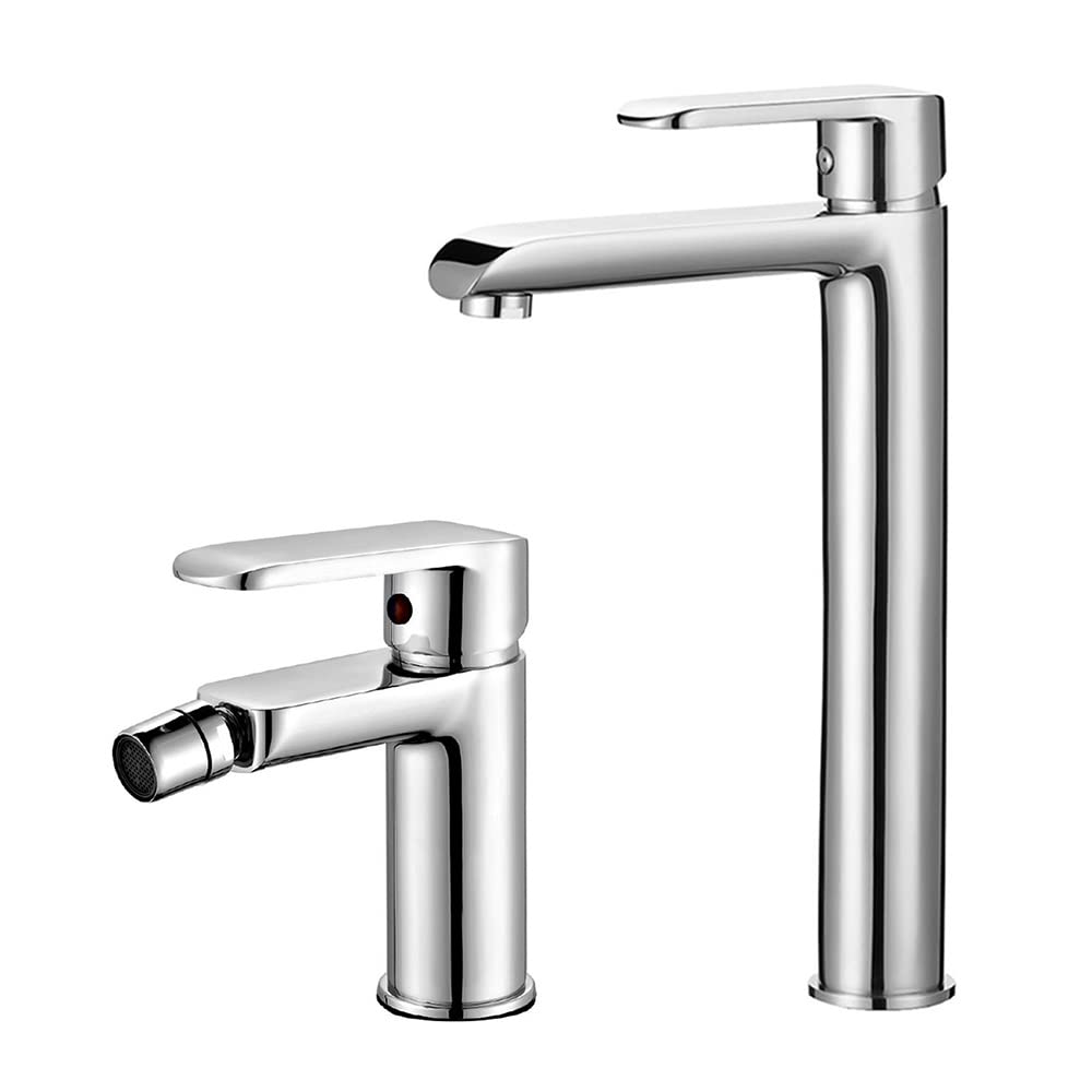 Inbagno Set 2 rubinetti miscelatori lavabo Alto e Bidet Completo di piletta, in Ottone Cromato, Serie Dalila (Set lavabo Alto e Bidet)