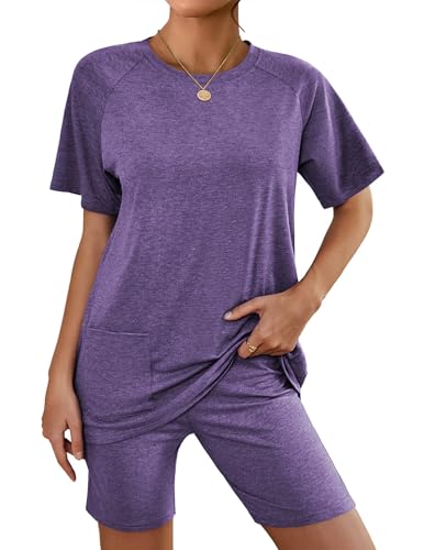 Image of Ekouaer Two Piece Sets for Women Summer Outfits 2026 Lounge Set Crew Neck Tshirts Biker Short Sweatsuit with Pocket