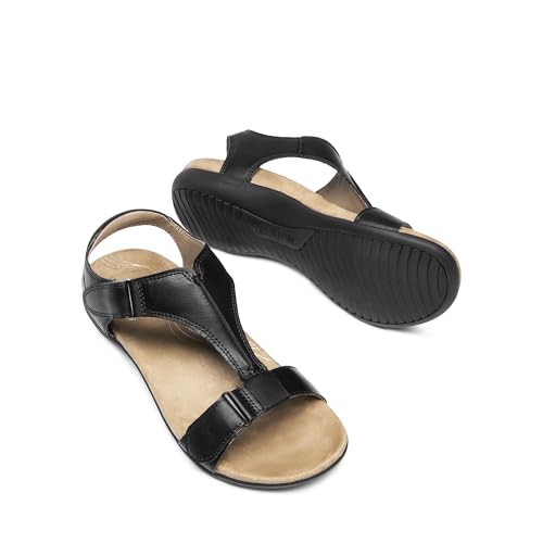 DREAM PAIRS Womens Sandals Arch Support T-Strap Orthopedic Flat Sandals Comfortable Summer Shoes,Size 7.5,Black,DWUMFS2508