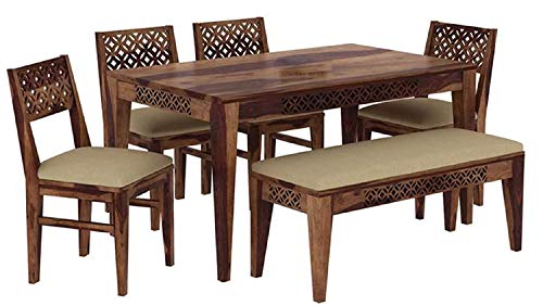 Image of Sheesham Wood 6 Seater Dining Table Set with Bench & 4 Chairs, Solid Wooden Dining Set for Home, Kitchen, Living Room, Brown