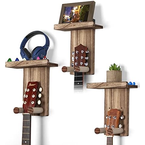 Keebofly Guitar Wall Mount,3 Pack Guitar Wall Hangers Guitar Stand Wall with Pick Holder Guitar Rack for Acoustic or Electric Guitars,Ukulele,Bass,Mandolin,Rustic Wood Brown,[Patented] Cover