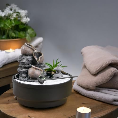 Zimmerbrunnen für den Garten, Zen, Wasserfall, Glas, buntes LED-Licht, Dekoration für entspannte Atmosphäre, Garten, Zen weißer Sand, Tischbrunnen, geschlossener Kreislauf, H21 cm – Oasis Zen'Light
