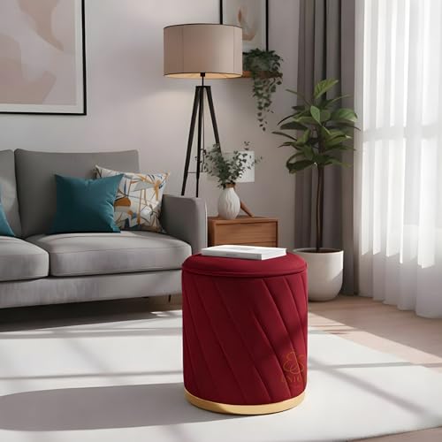 Image of Luxury Round Velvet Ottoman Stool with Gold Base - Modern Upholstered Footrest Pouffe, Tufted Vanity Seat, Living Room Bedroom Dressing Stool (Maroon)