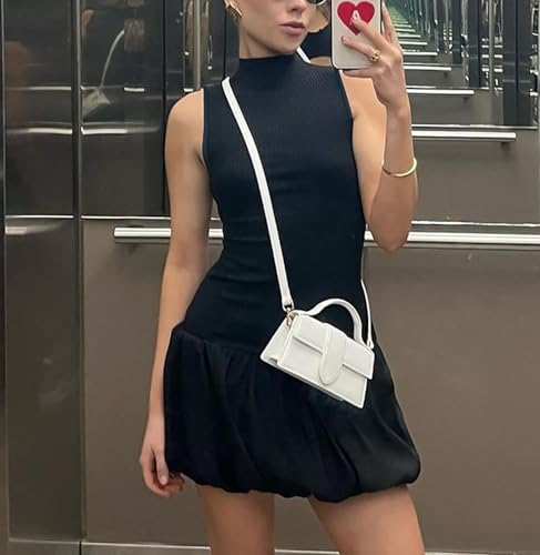 Ekaliy Bubble Dress for Women Sexy Sleeveless Mock Neck Knit Open Back Mini Dress Bodycon Y2k Party Club Short Dress4