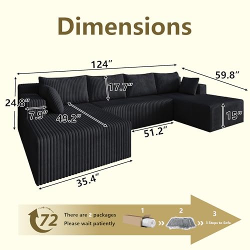 Image of 124 inch Modular Sectional Sleeper Sofa, Boneless Cloud Couch for Living Room, U Shaped 3 Seat Sofa with Deep Seat, Free Combination, Couch in a Box, No Assembly Required (Black)