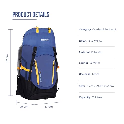 Image of Gear Overland 55L Extra Large Water Resistant Rucksack /Travel bag /For Men & Women(Blue - Yellow)