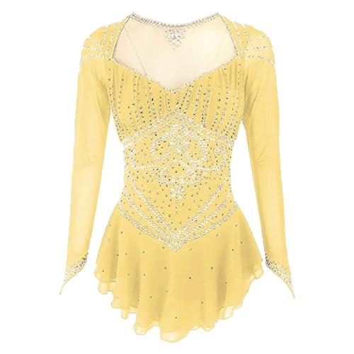 Kmeruoys Figure Skating Costume for Women Girls Outfit with Rhinestone Ice Skating Training (Color : Yellow, Size : 8 Years)