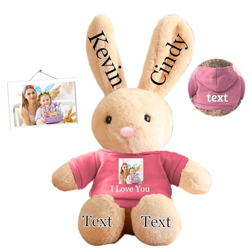 DRAJOIN Peluche Lapin Personnalisée, Lapin en Peluche Personnalisé avec Photo et Nom, Cadeau de Pâques pour Filles, Garçons, Enfants et Adultes, 35 cm
