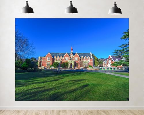 Trykid 5x3ft Red Brick Building Clock Tower Green Lawn Historic Architecture Backdrop Vintage Manor Photography Background Academic Event Party Decoration Tapestry Photo Booth Prop Fabric