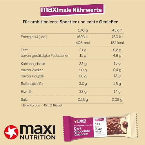 MaxiNutrition Creamy Core Bar Dark Chocolate Coconut, 12x45g Filled-Protein-Riegel, 32% Eiweißgehalt 14g je Riegel, low Sugar (1g), ohne Zuckerzusatz, ohne künstliche Aromen