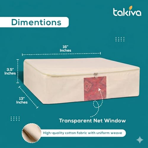 Image of TAKIVA Cotton Canvas Saree Storage Bags (Pack of 2) | Cotton Bags for Clothes Storage | Bags for Storing Clothes and Blankets (Off White)