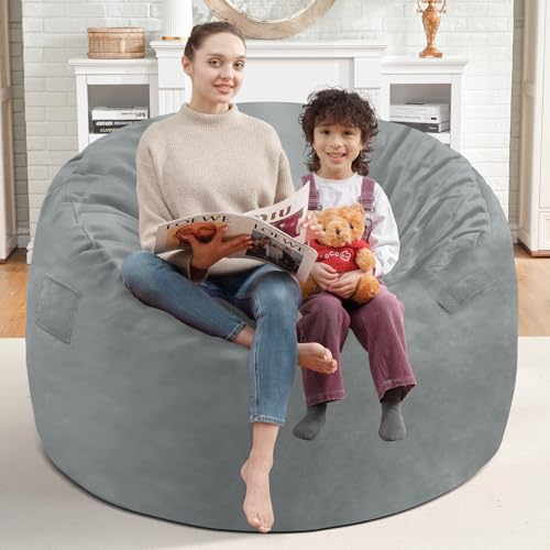 3FT Bean Bag Chair, Comfy Bean Bag Chairs with Memory Foam Filled, Fluffy Beanbag Sofa with Dutch Velvet Cover, Round BeanBag Chairs for Living Room, Playroom - Light Grey