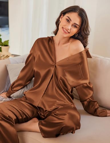 Ekouaer Womens Satin Silky Pajama Set 2 Piece Print PJs Soft Loungewear Button Down Sleepwear with Elastic Waist Long Pants