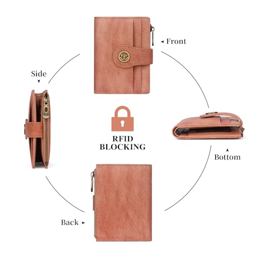 Image of Leather Wallet Women,RFID Blocking Wallets for Women Bifold Compact Small Card Holder With Zipper Coin Pocket ID Window(Pink)