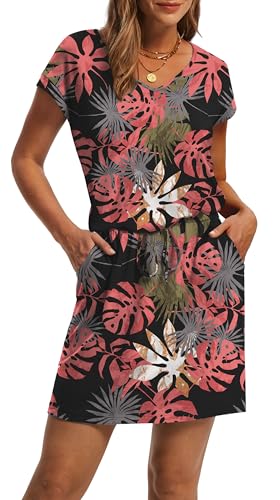 Image of OFEEFAN Summer Dresses for Women 2026 V Neck T Shirt Casual Mini Dresses Tie Waist Sundresses with Pockets