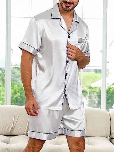 WDIRARA Men's Sleepwear Contrast Binding Button Front Short Sleeve Shirt and Shorts Satin Pajama Set3
