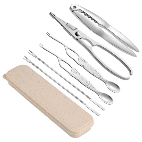 POPETPOP Ensemble d'Outils pour Fruits de Mer 6 Pièces Acier Inoxydable Pinces à Crabe et Homard Fourchettes à Huîtres Casse-Noix avec Étui de Rangement Accessoires la Cuisine pour Crustacés