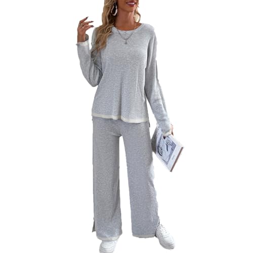 LIAOPUFUS Mujer Conjuntos de Top y Pantalones Traje Casual de Punto Sólido Blusa Suelta Pantalones de Piernas Anchas de Punto Dos Conjuntos de Temperamento en el Trabajo(2-gris,L)
