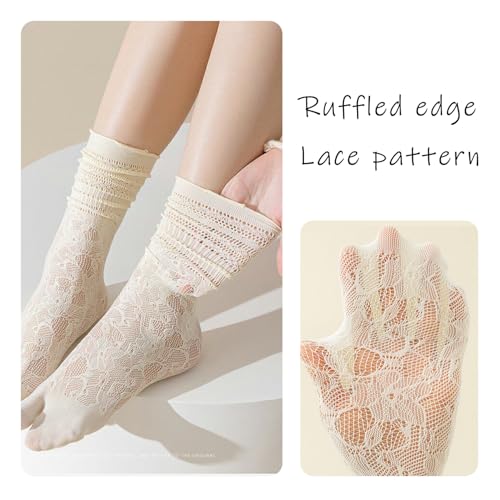 Image of Triplewood 2 Pairs Lace Tabi Socks for Women Split Toe Flip Flop Socks, Y2K Calf Sock Mid Calf Toe Sock