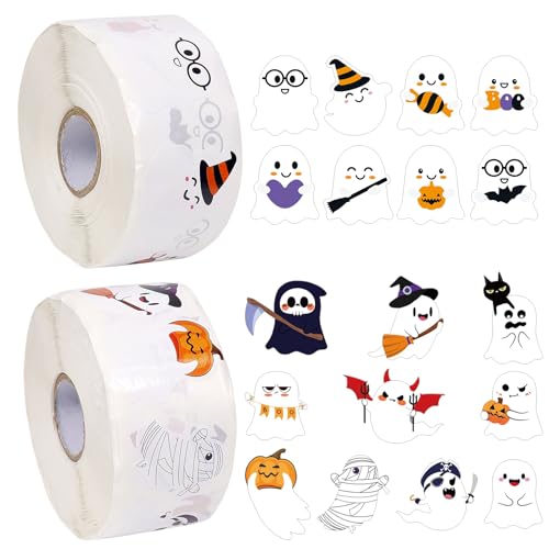 2000 Stück Halloween Aufkleber Rolle, Halloween Geist Sticker, Aufkleber Halloween Kinder, Selbstklebende Kürbis Geisterfledermaus Sticker Muster...