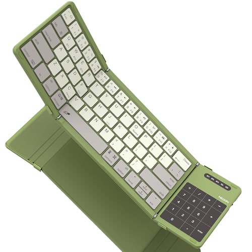 Nillkin Foldable Travel Keyboard with Touchpad & Number Pad, Bluetooth Wireless Portable Folding Full Size Keyboard with Trackpad for PC Laptop iPad Tablets Smartphone, Silicone Leather Cover, Green