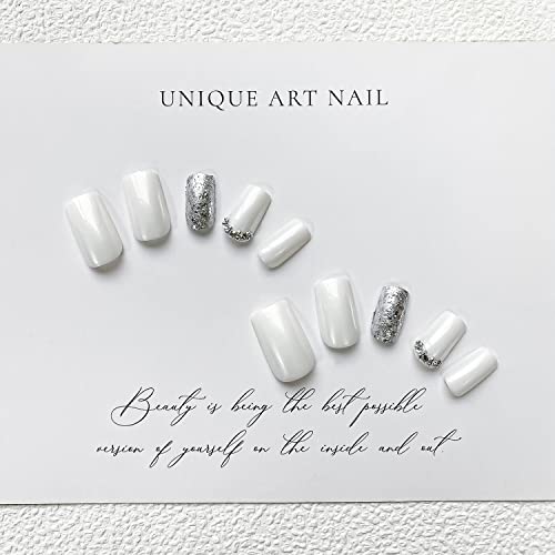 24Pcs White Press on Nails Short Square Fake Nails Silver Sequin Design Rhinestone Acrylic False Nails Glossy Full Cover Nails for Women and Girls Artificial Nails - Thumbnail 2