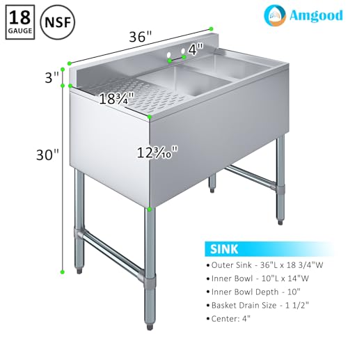 Image of AmGood 36 in. x 19 in. Two Compartment Under Bar Sink With 12 in. Right Drainboard | Stainless Steel Commercial Two Bowls Underbar Sink NSF.