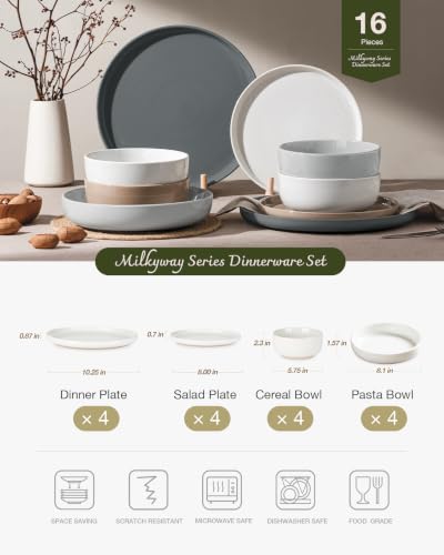 Image of Famiware Milkyway Stoneware Dinnerware Sets with Pasta Bowls, Service for 4 (16 Pieces), Plates and Bowls Sets -Scratch Resistant, Microwave and Dishwasher Safe Dishes Set, Multi-color