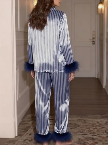 Image of Women Silk Pajamas Set Satin Long Sleeve Feather Trim 2PCS Loungwear | Christmas Button Down Shirts Long Pants 2PCS Xmas Christmas Sleepwear