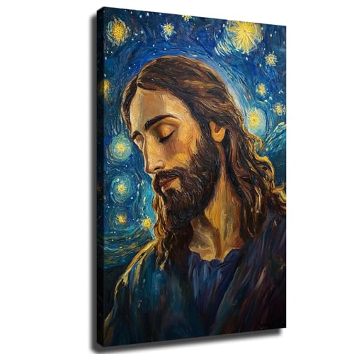 Christ Jesus portrait starry night art style post-impressionism Poster HD Canvas Printing Wall Art Decor Aesthetics For Living Room Bedroom kitchen bar Background Decor (12x18inch-Farmed)
