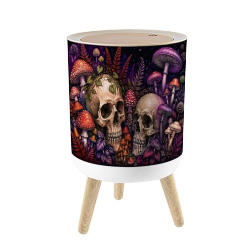 Small Trash Can with Lid Seamless Bright Magic Psychedelic Mushrooms skulls Humor textile 1.8 Gallon/7L Garbage Can Waste Bin with Press Top Lid Legs Waste Basket for Bathroom Kitchen Bedroom