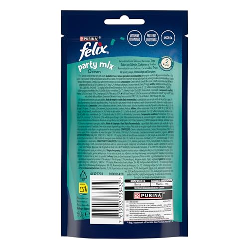 FELIX Party Mix Snack per Gatti Adulti - Croccantini per Gatti con Salmone, Merluzzo e Trota, 8 Confezioni da 60 g - Immagine 2