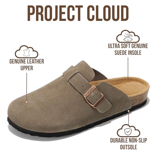 Project Cloud Mens Clogs - 100% Full Grain Genuine Leather Clogs for Men with Memory Foam Insole and Arch Support Natural Cork Footbed - Non Slip Mules Mens Slippers (Brooklyn, TAUPSUEDE, 8.5) by Project Cloud - Image 3