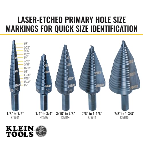 Klein Tools KTSB01 Step Drill Bit Double-Fluted #1, 1/8 to 1/2-Inch with Easy-to-Read Markings and Targets, 3/8-Inch Hex Shank by KLEIN TOOLS - Image 3