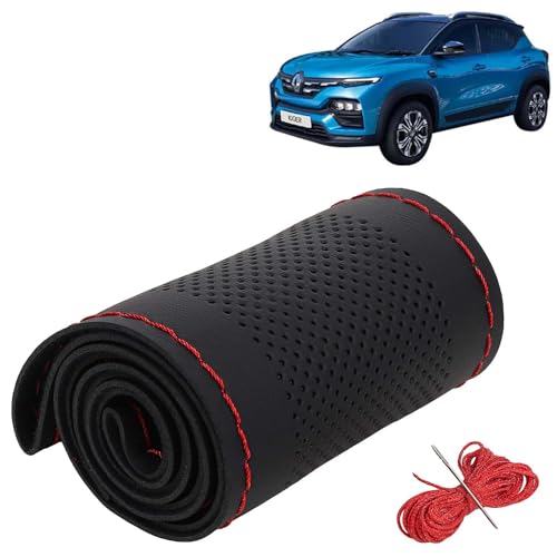 Image of KINGSWAY PU Leatherite Car Steering Cover Sewable Compatible with Renault Kiger (Year 2021 Onwards), Black Color with Red Thread, Pack of 1 with Sewing Needle and Thread