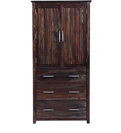 APRODZ Yvonn Sheesham Wood Two Door Wardrobe with External Drawers - Warm Chestnut Finish