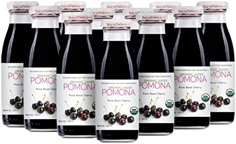 Pomona Organic Pure Black Cherry Juice, Cold Pressed Organic Juice, Non-GMO, No Sugar Added, Not from Concentrate, Gluten Free, Kosher Certified, Preservative Free 8.4 Ounce (Pack of 12),