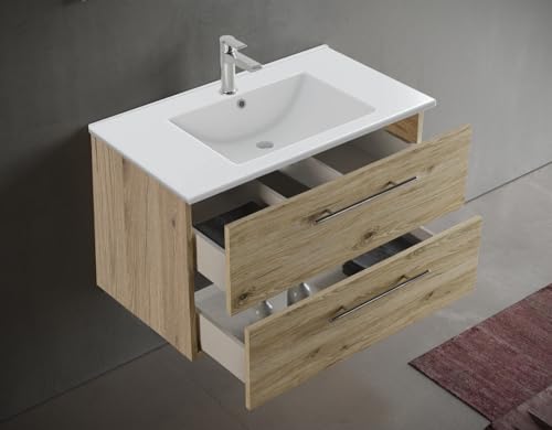 Mama Store IRIS 80 - Mobile Bagno Sospeso IN KIT DA MONTARE 80 CM QUERCIA NATURALE con Lavabo, Specchio e Lampada LED, L.81 X P.47 X H.53 cm