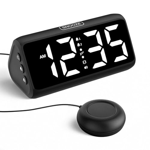 Wecker Laut für Tiefschläfer, Lauter Wecker mit Vibration, Doppelalarm, LED-Anzeige, 5 Helligkeitsstufen, 4 Lautstärken, Snooze, Vibrationswecker...