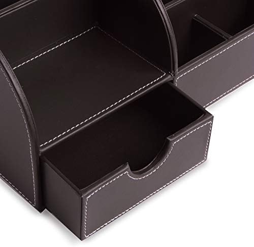 Faux Leather Desk Organiser | Office Tidy for Stationery & Accessories | Pen & Pencil Organisation | 5 Compartment & Drawer for Desk | Pukkr (Brown)