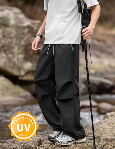 Image of Venzina Men's Parachute Cargo Trousers Lightweight Quick-Drying Hiking Pants Water Resistant Drawstring Cargo Pants for Camping, Fishing, Travel, Safari, M - XXL