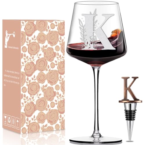 Physkoa Personalized Wine Glass – Custom Initial Monogram Gift for Women, Perfect Birthday & Mother’s Day Gift for Mom, Wife, Sister, Best Friend, Etched Dishwasher Safe (Letter K)