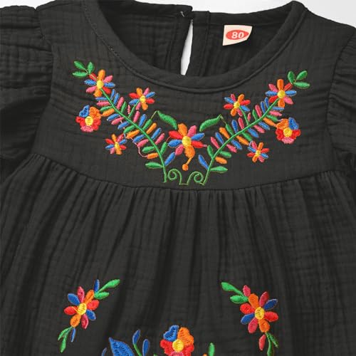 Baby Girls Mexican Dress Floral Colorful Embroidered Dresses Toddler Long Sleeve Ruffle Cinco De Mayo Fiesta Outfit Kids Peasant Traditional Ethnic Wear Mexico Themed Clothes Black 18-24 Months