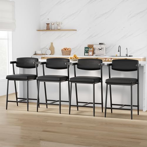 Image of GarveeHome Counter Height Bar Stools of 4 with Armrests, 4 Piece Counter Height Bar Stools Set with Wood Back, Upholstered Seat & Metal Footrest for Kitchen Islands, Counter Bars, Retro Black