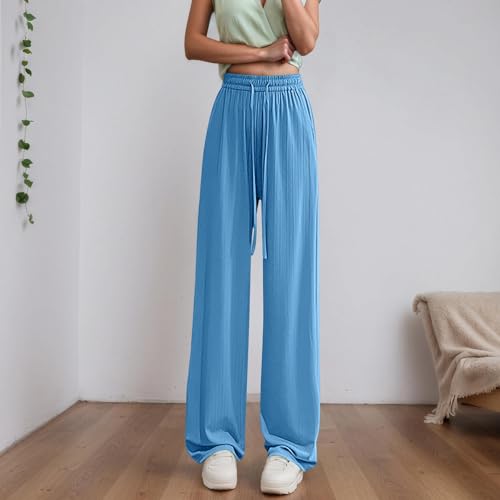 Women's Casual High Waist Wide Leg Pants Elastic Waistband Flowy Trousers Comfortable Vacation Pure Color3