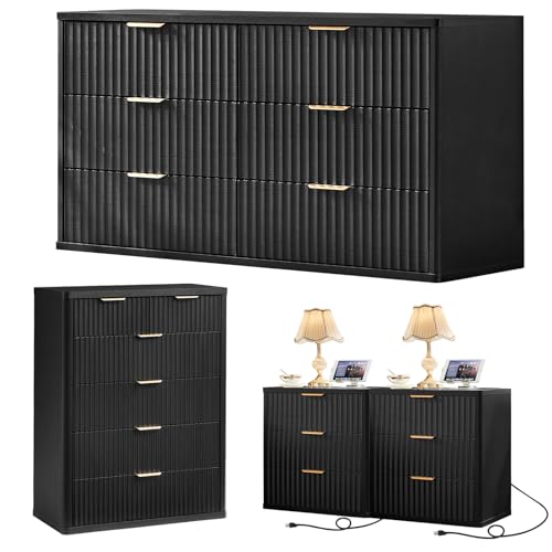 LEYAOYAO Fluted Dressers & Nightstand Set of 4, Wood 48" Wide Dresser & 42" Tall Chest of Drawers,Modern Bedroom Furniture Sets, Black Wooden Nightstand Set of 2 with 3 Drawers & Charging Station