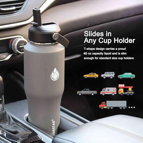 Image of SENDESTAR 40oz Water Bottle Wide Mouth Stainless Steel Vacuum Insulated Double Wall with 2 Straw Lids Fit in Any Car Cup Holder