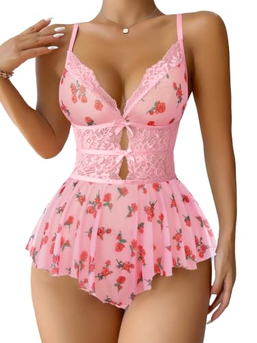 Image of Lilosy Sexy Bows Floral Lace Mesh Babydoll Lingerie Romper